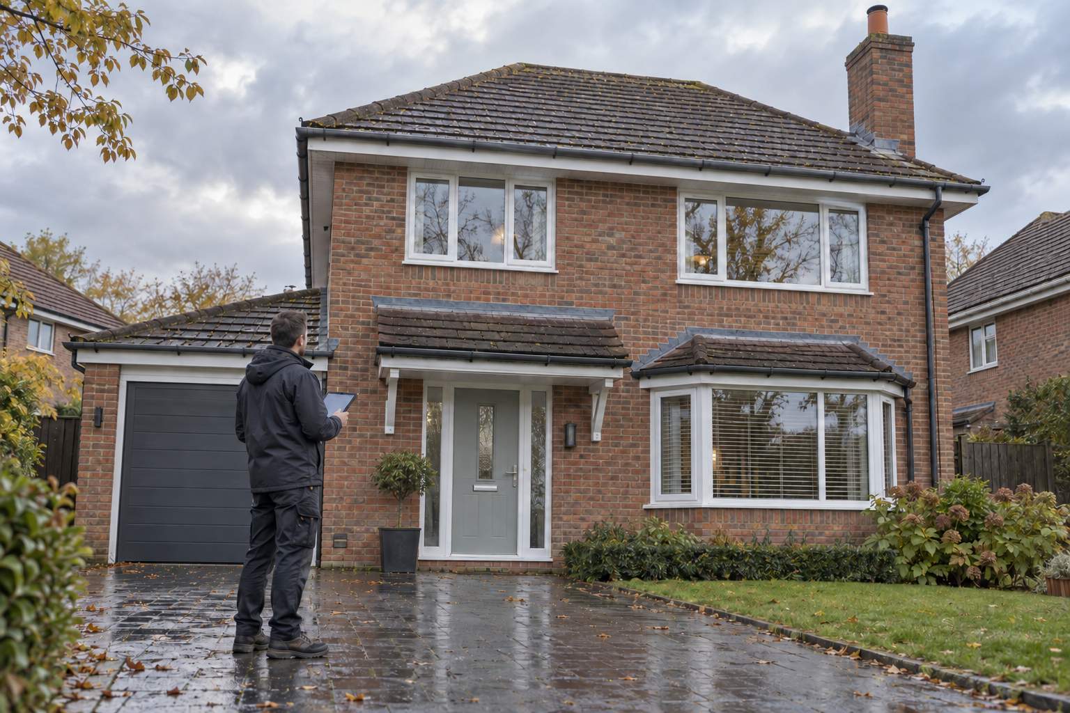 A person stands in front of a two-storey brick house with a white door and garage, holding a clipboard.