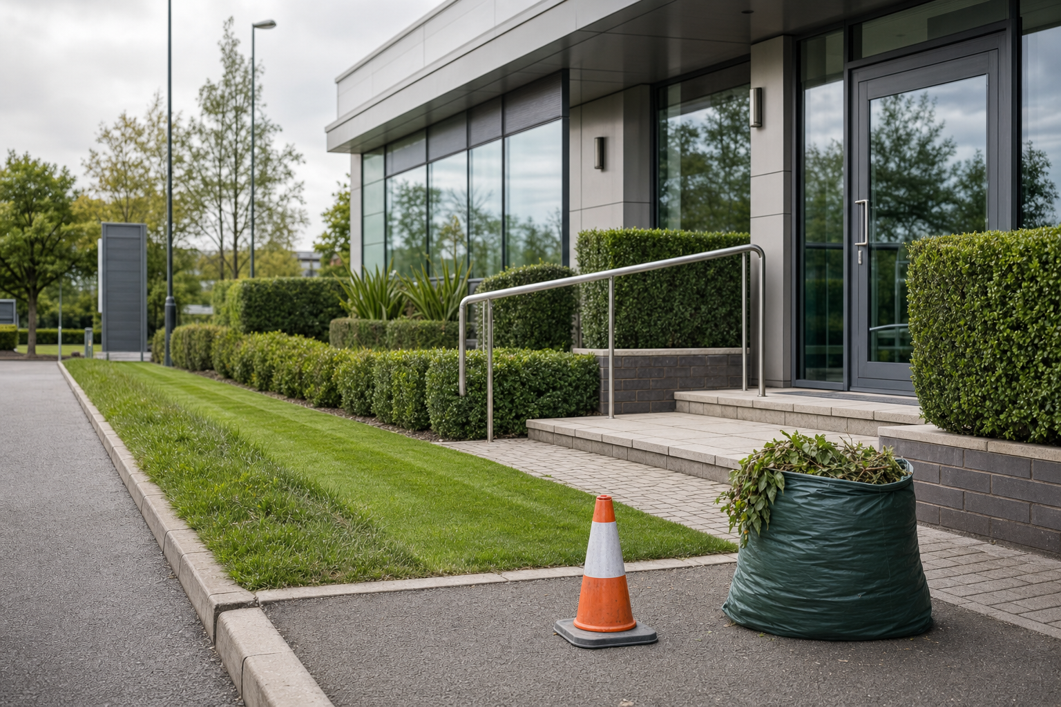 A modern office entrance with a traffic cone and a bag of garden waste on the pavement.
