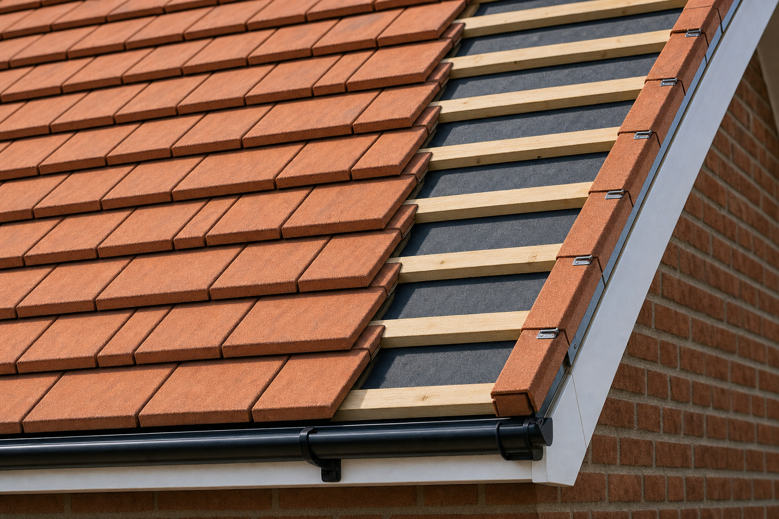 Close-up of a partially tiled roof corner with wooden battens, black guttering, and red brick wall.