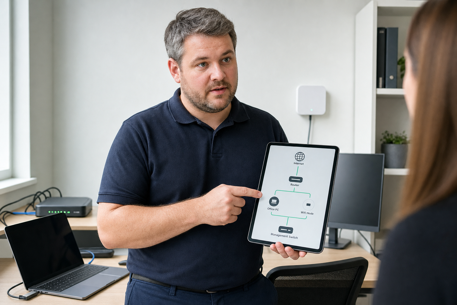 Man presenting a network diagram on a tablet in a modern office setting.