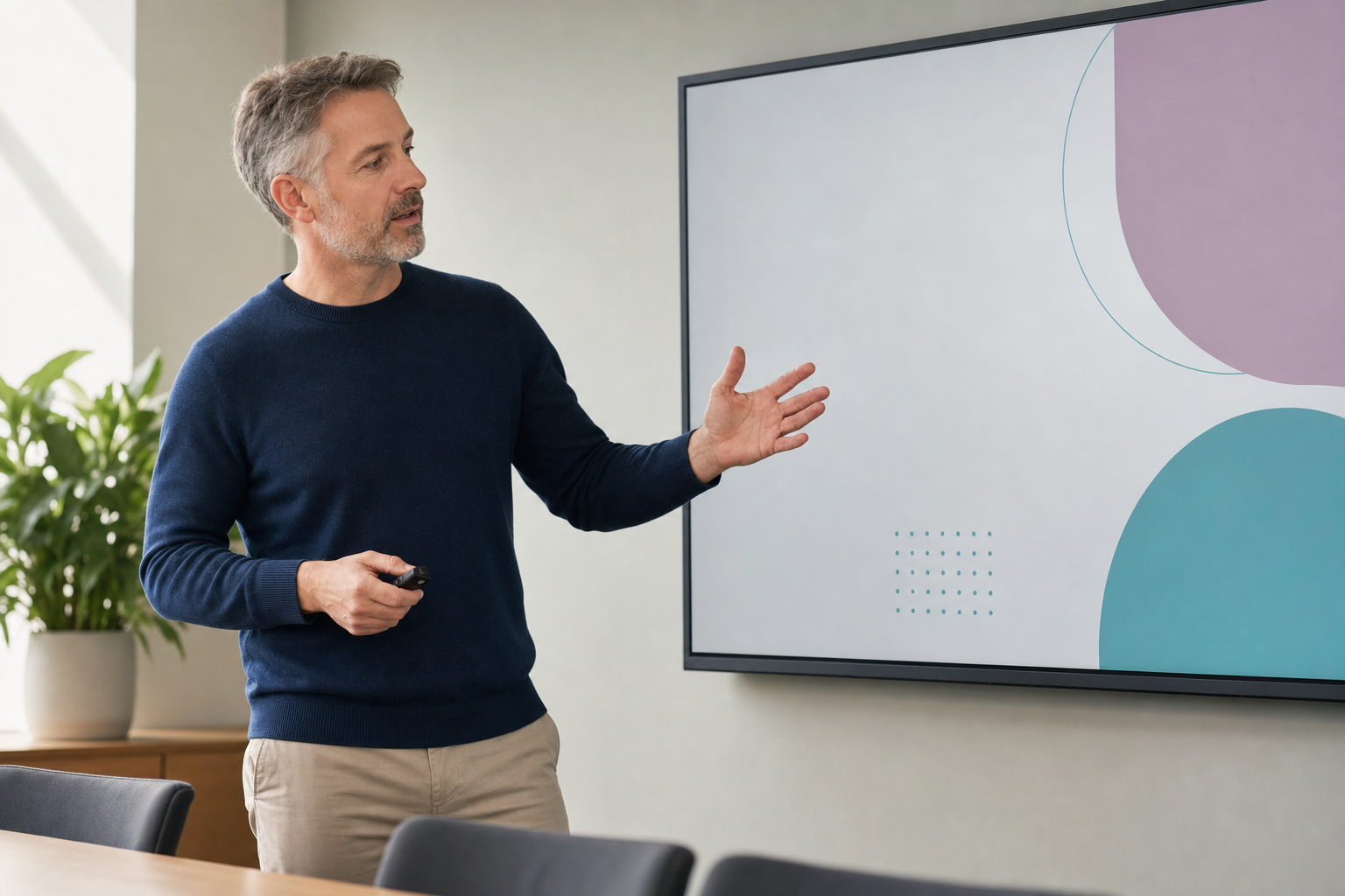Man giving a presentation with geometric shapes on the screen in a modern meeting room.