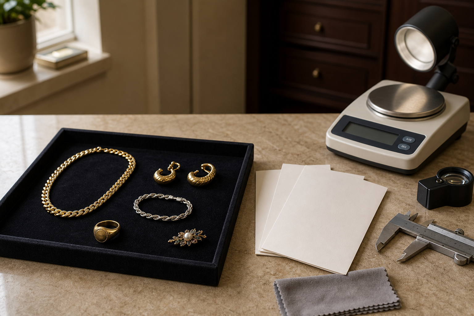 Jewelry collection on a tray with a scale, papers, and measuring tools on a marble table.