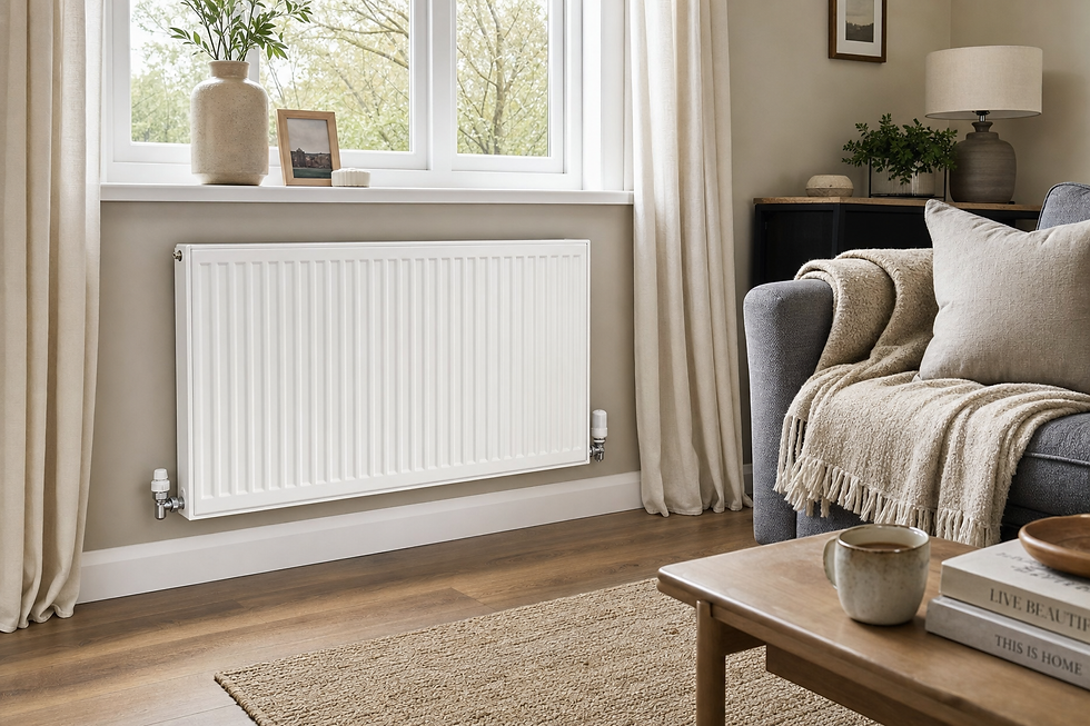 Modern living room with a white radiator under a window, a grey sofa, and a coffee table with books and a mug.