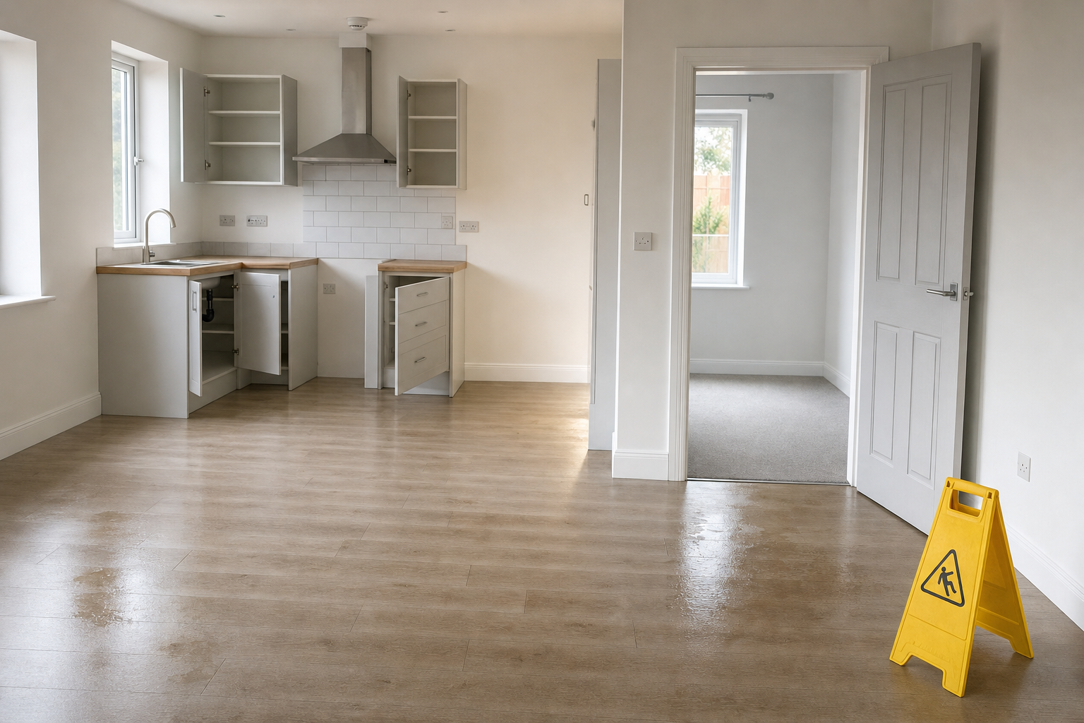 Modern empty kitchen with wooden flooring, open cabinets, and a yellow wet floor sign in the corner.
