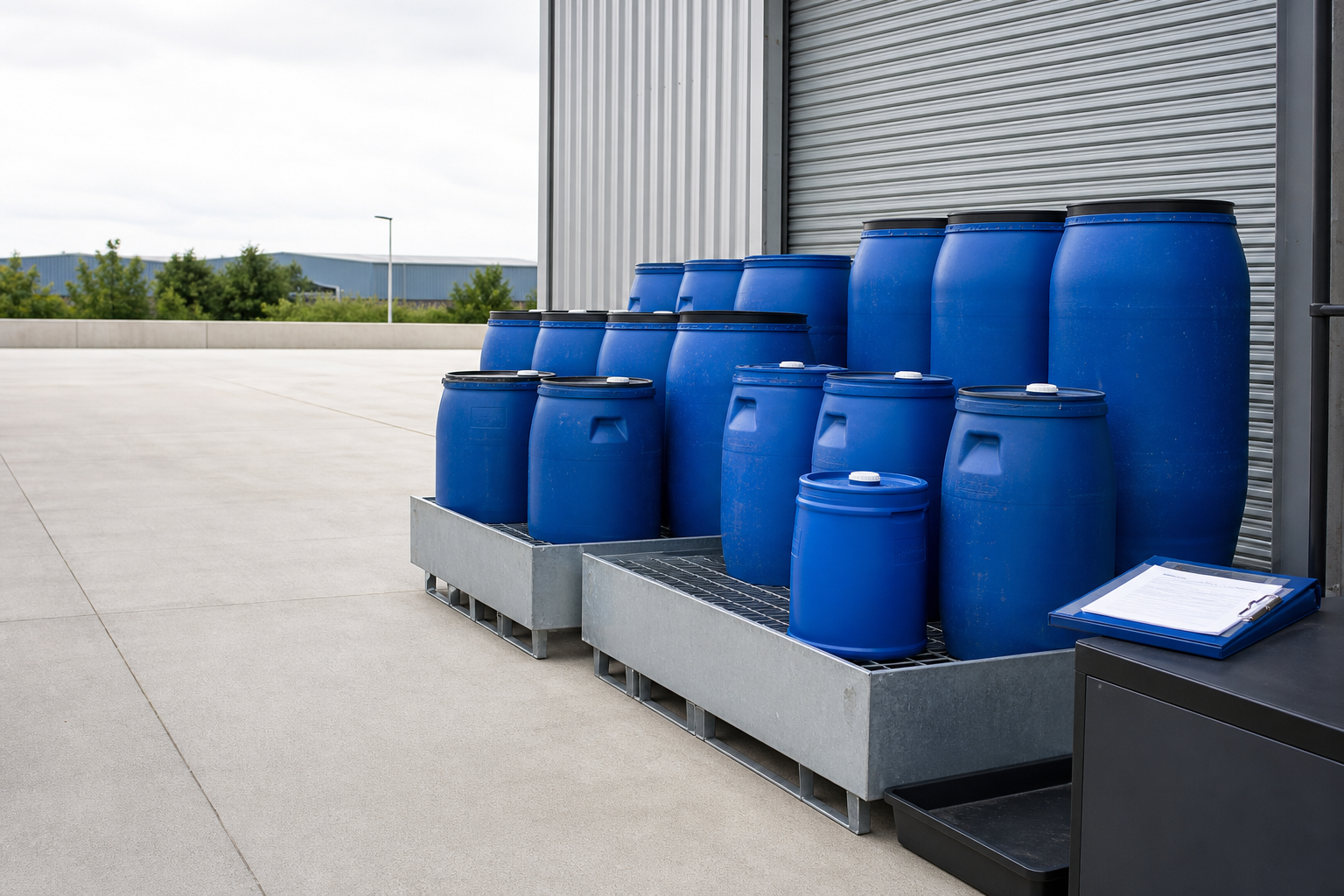 Blue industrial barrels stacked outside a warehouse on a grated pallet.