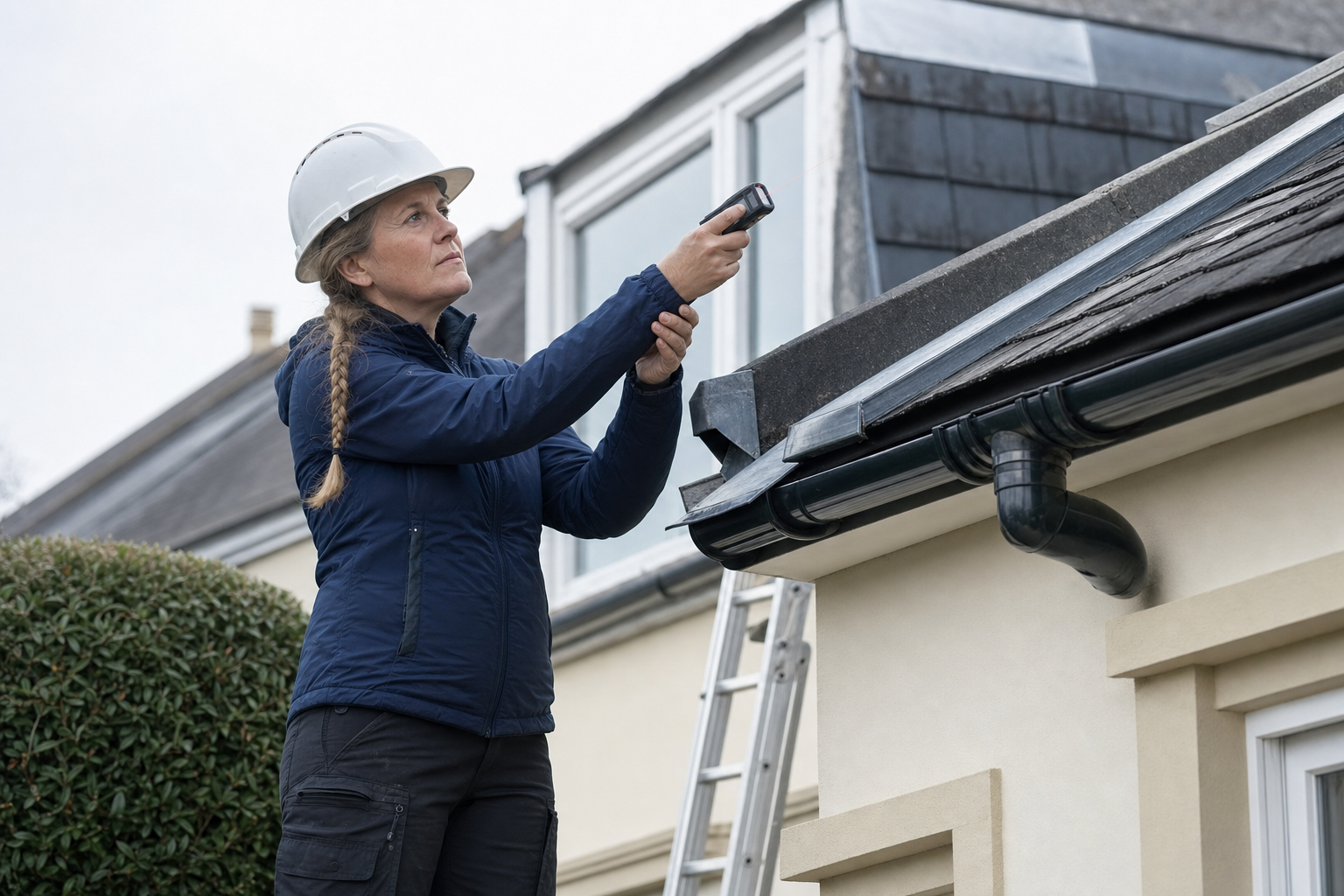 A woman wearing a hard hat uses a tool to measure the roof of a residential building.