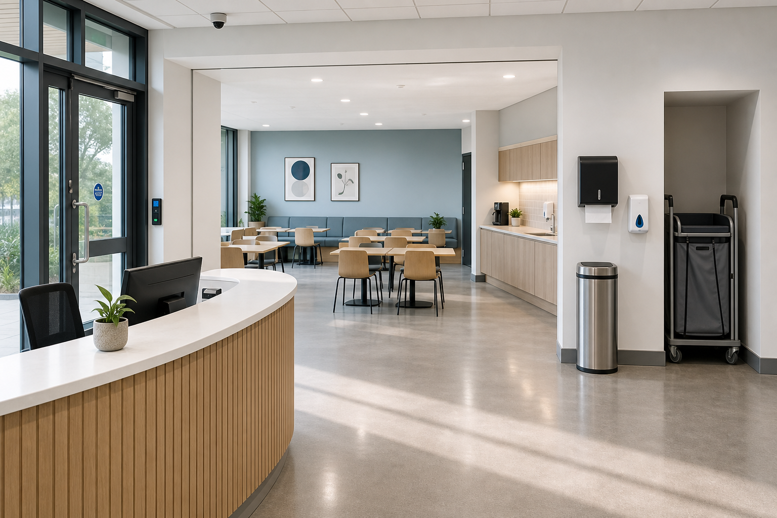 Modern reception area with a curved desk and seating, featuring a kitchenette and artworks on light blue walls in the background.