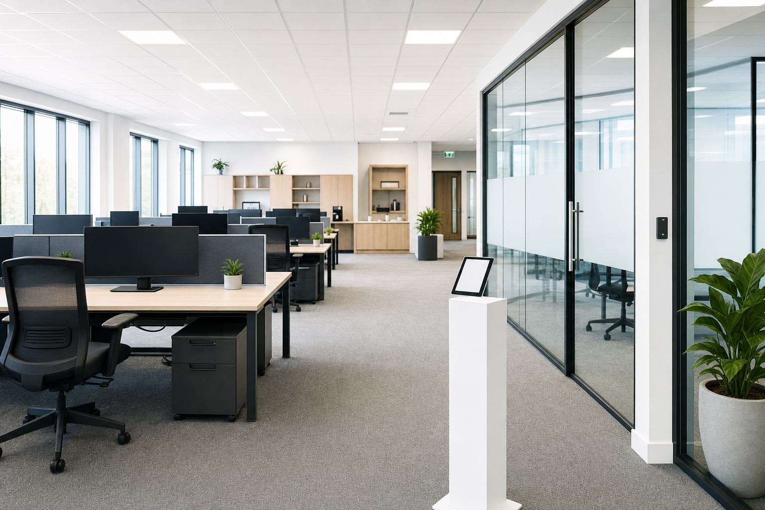 Modern open-plan office with desks, computer screens, and glass partitions, accented by potted plants.