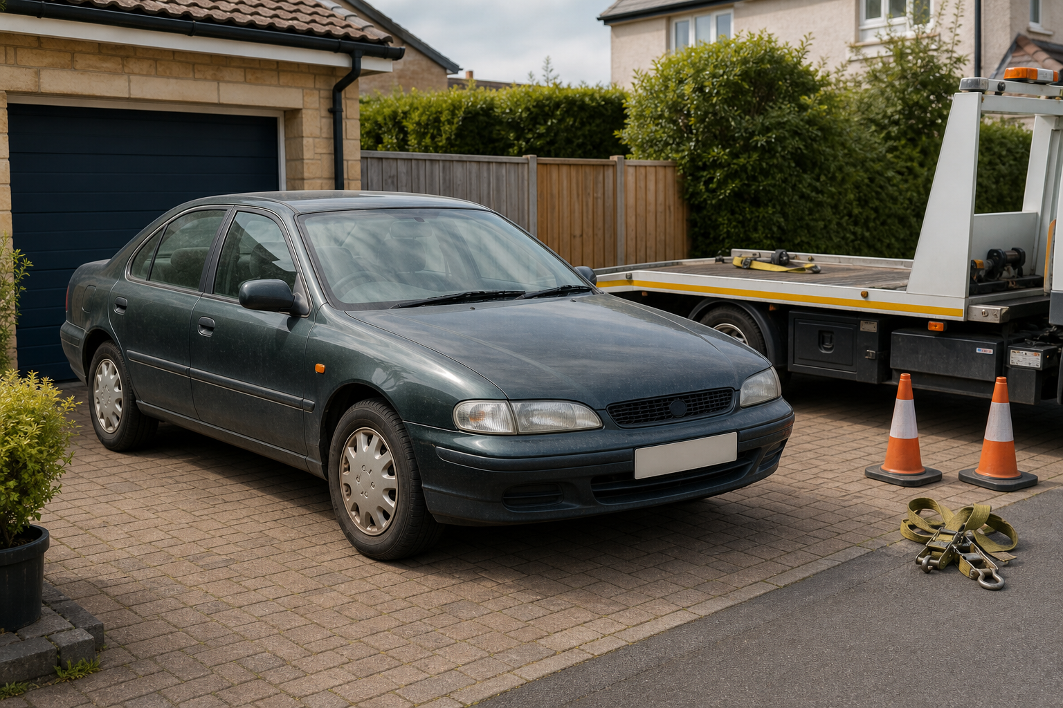 A dark green sedan parked in front of a garage next to a towing truck and traffic cones.