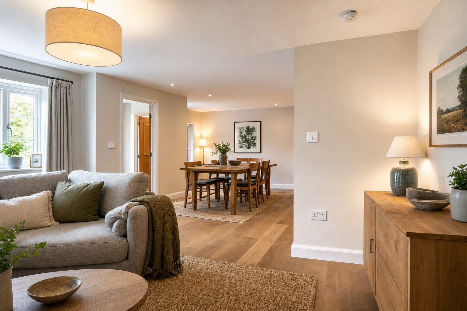 Modern living and dining area with wooden furniture, neutral tones, and soft lighting.