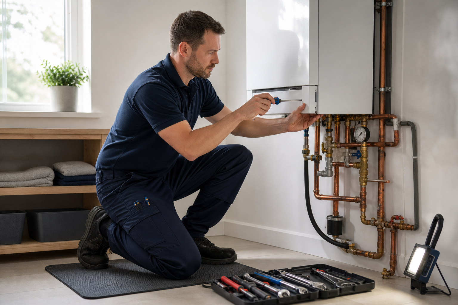 A technician kneels to repair a boiler using tools from a nearby toolkit.