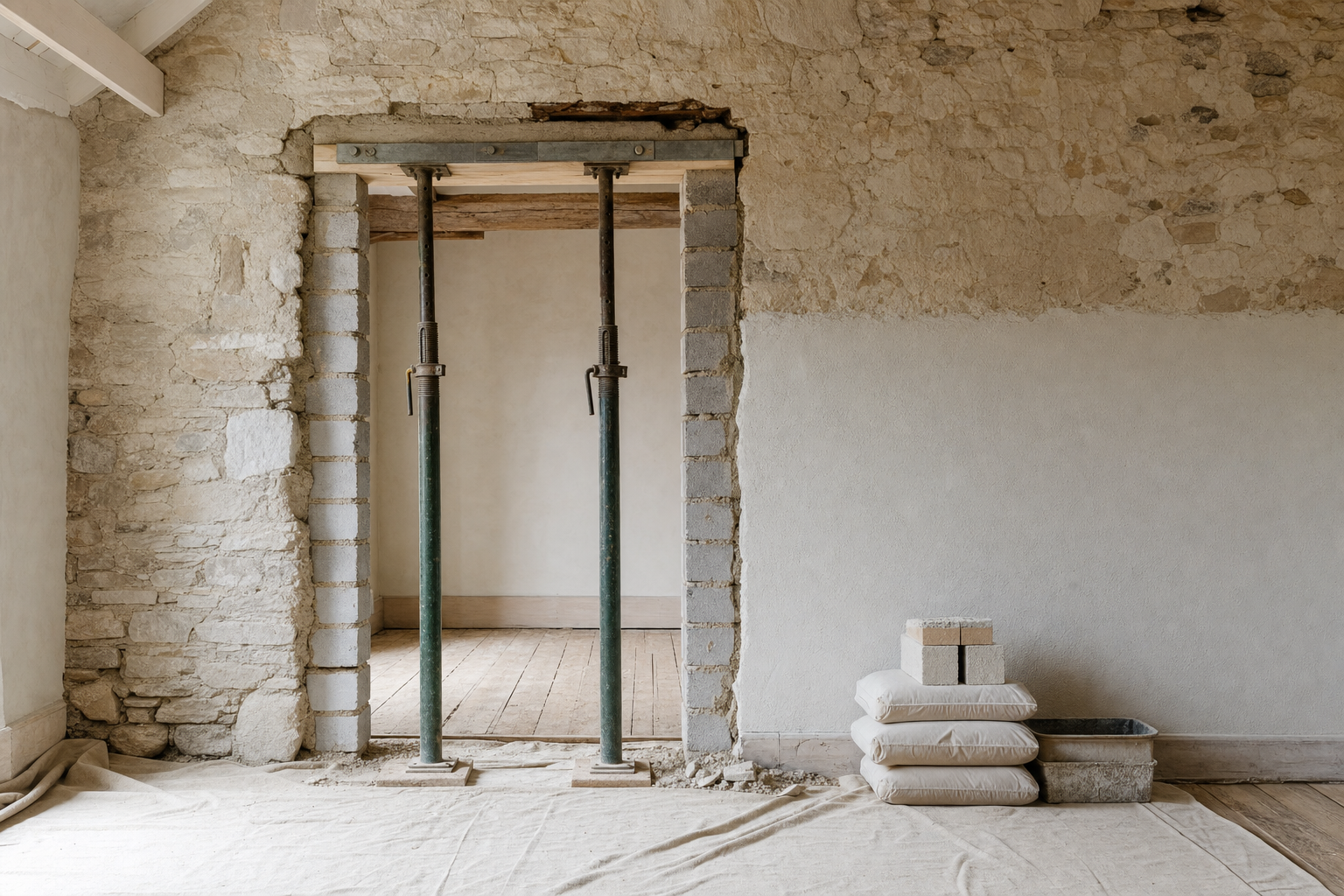 Renovation site with two metal supports in a doorway and construction materials stacked nearby.