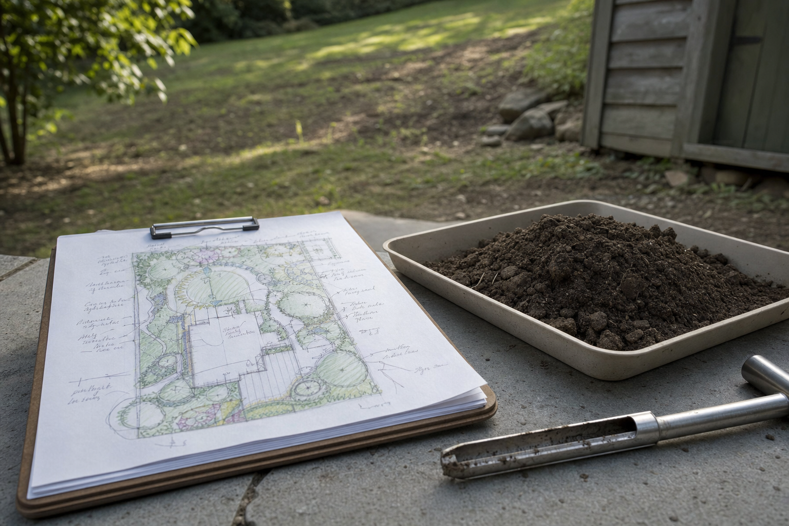 Landscape design plan on a clipboard next to a soil sample tray and a soil probe in a garden setting.