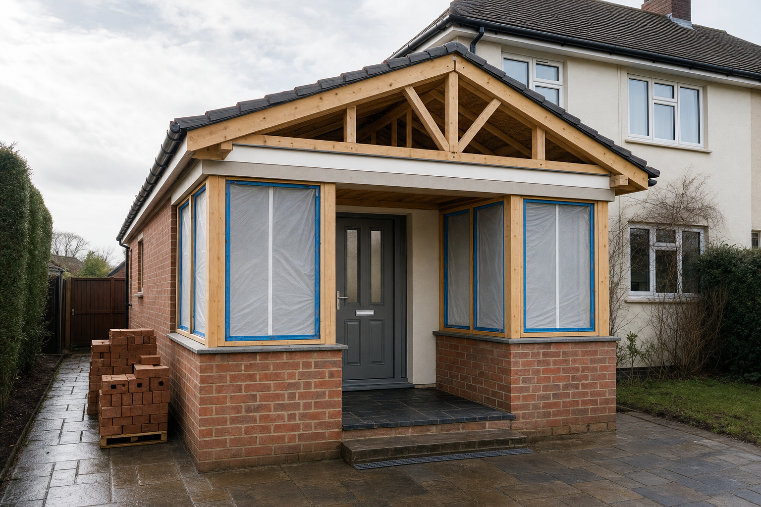 House under construction with a new brick extension, featuring a covered entrance and stacks of bricks beside it.