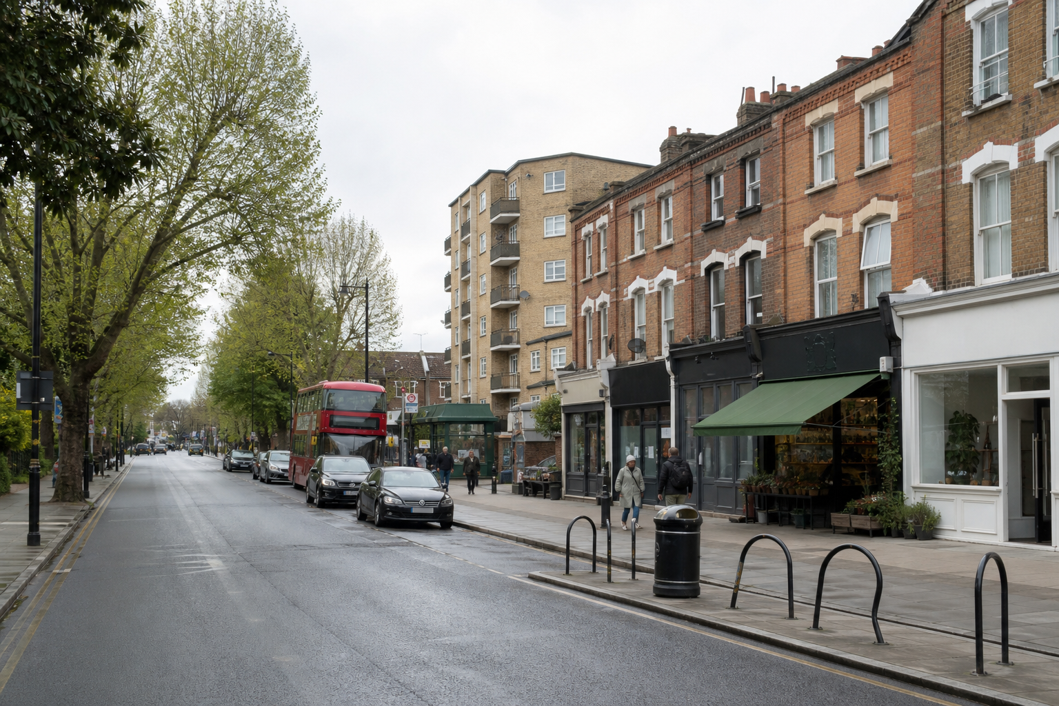 Tree-lined urban street with parked cars, a red double-decker bus, and people walking by storefronts on a cloudy day.