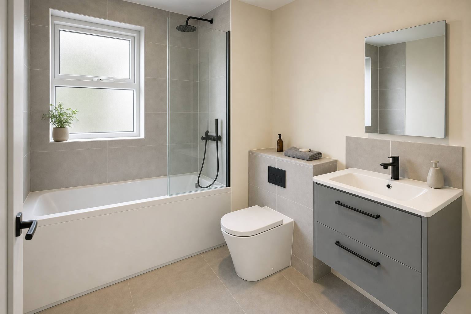 Modern bathroom with a glass shower, grey vanity unit, and a small plant on the windowsill.