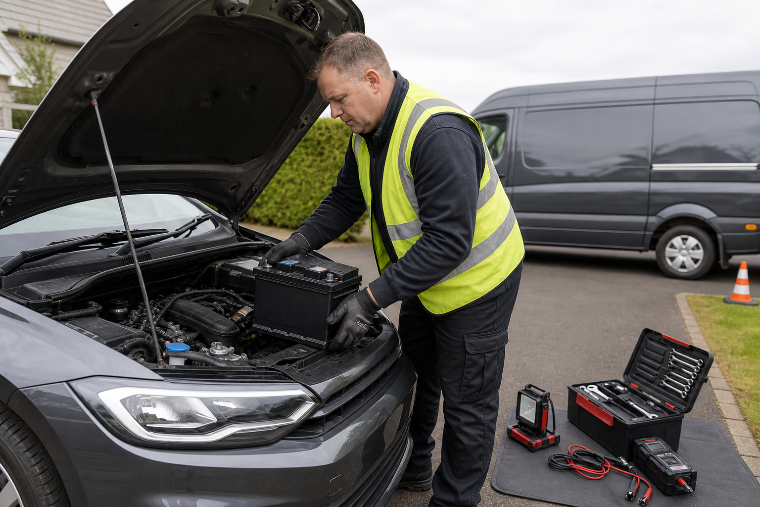 Mechanic in a high-visibility vest installing a car battery next to tools and equipment on the ground.