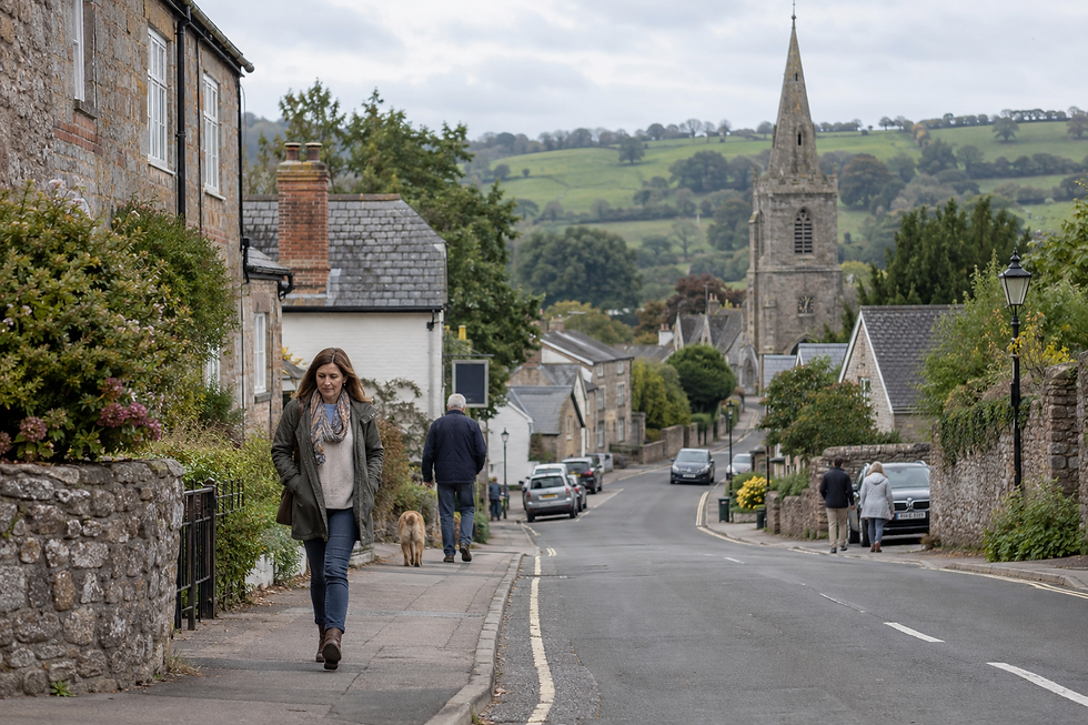 A woman walks along a quiet village street with stone houses and a church in the background.