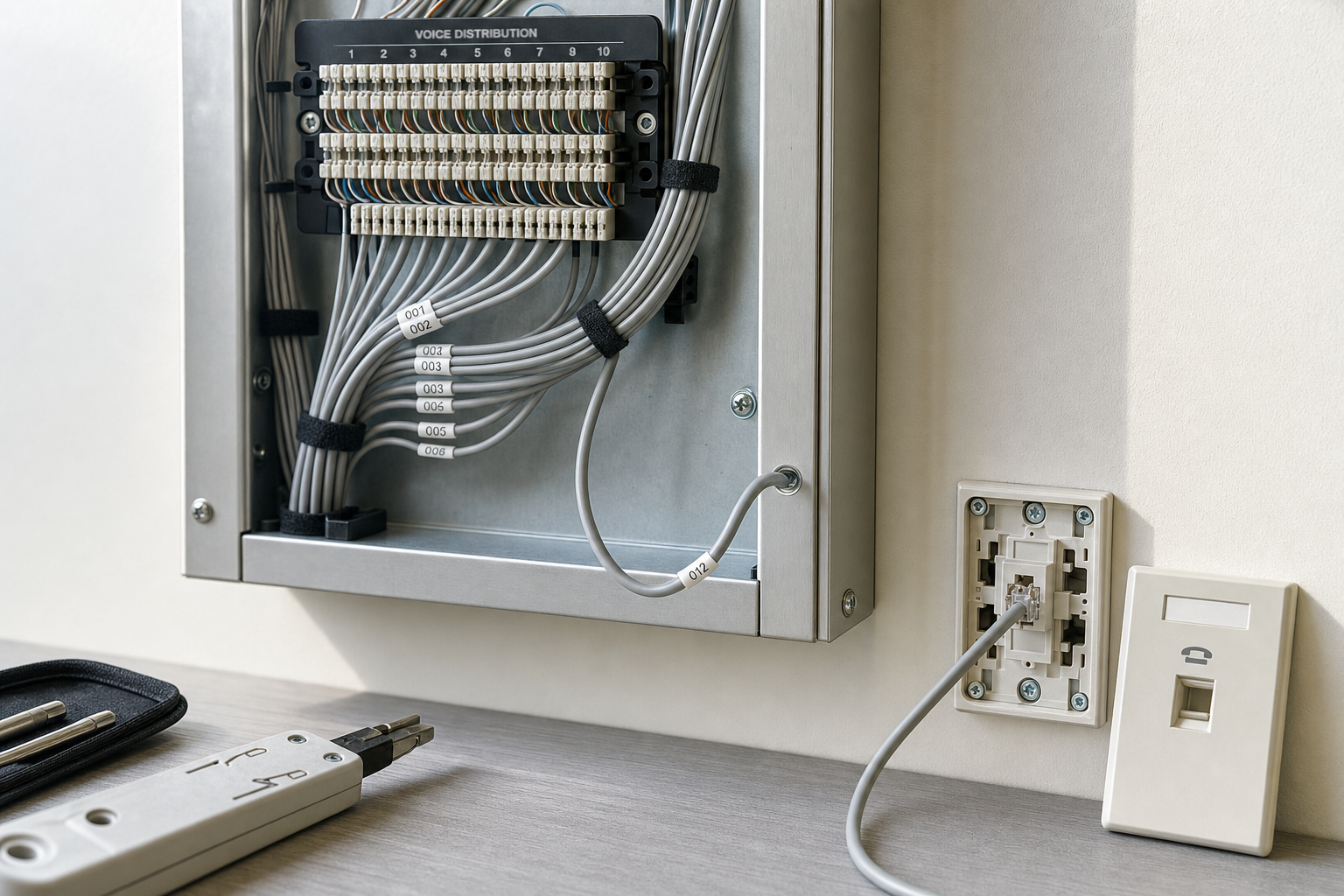 A telecommunications distribution panel with labelled cables and tools on a desk, next to a telephone wall socket.