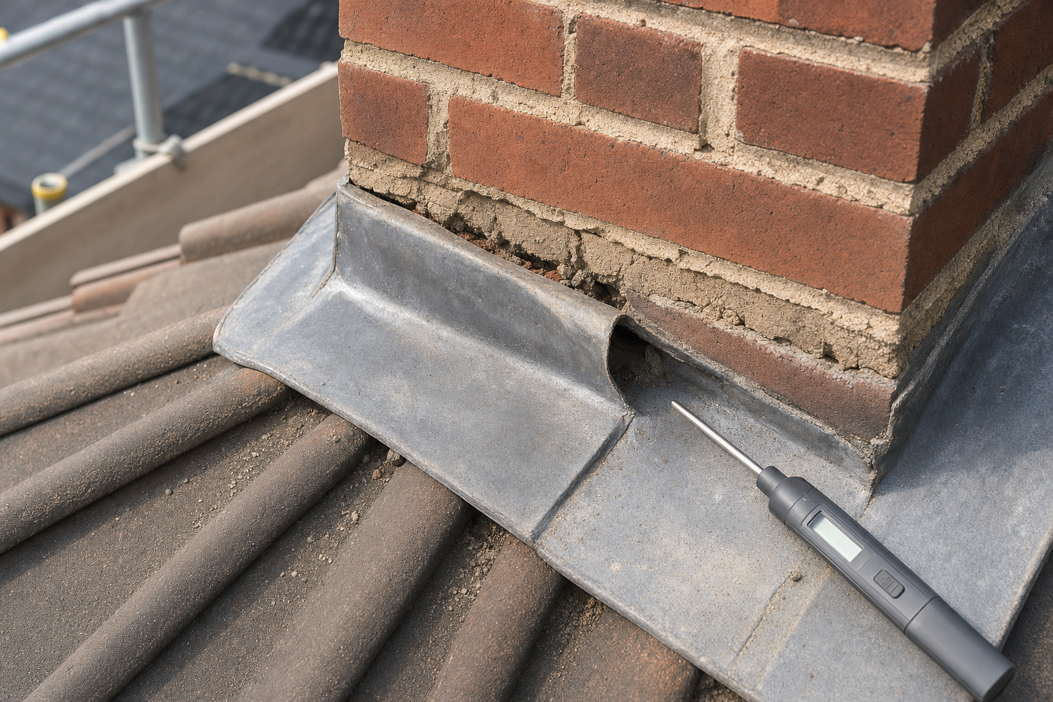 A brick chimney with deteriorating mortar and metal flashing on a tiled roof, alongside a moisture meter tool.