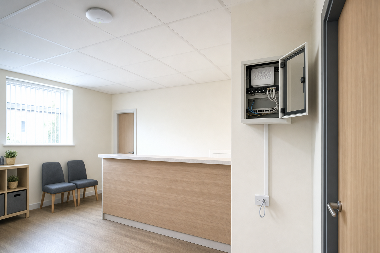 Reception area with a wooden desk, two chairs, a wall-mounted data cabinet, and a window with blinds.