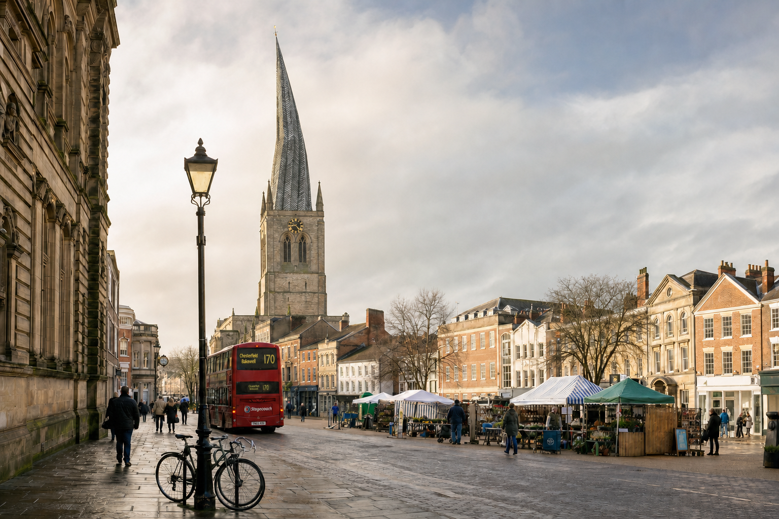 A bustling street scene in Chesterfield with the iconic crooked spire of St Mary and All Saints Church in the background.