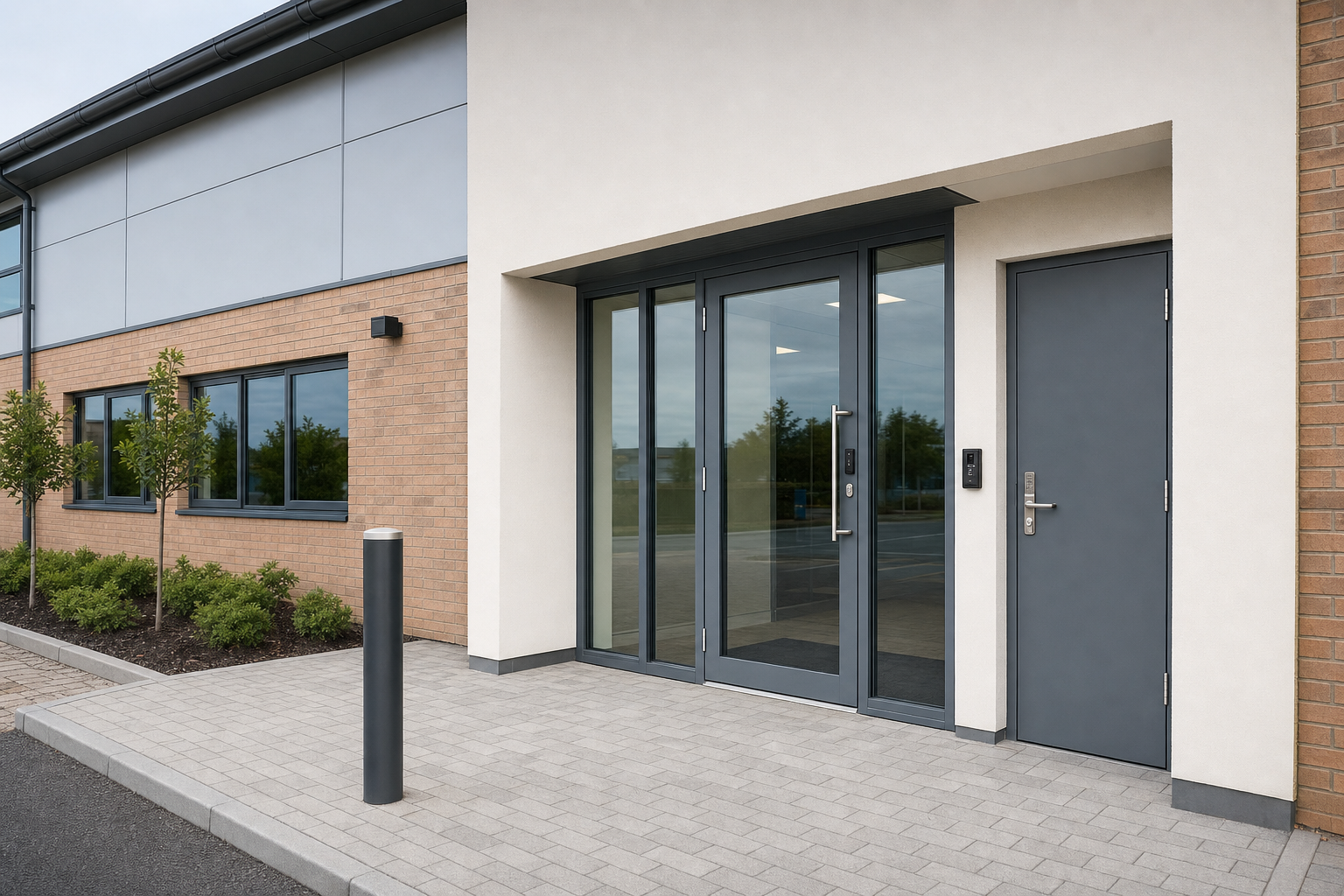 Modern office building entrance with large glass doors and a keypad entry system.