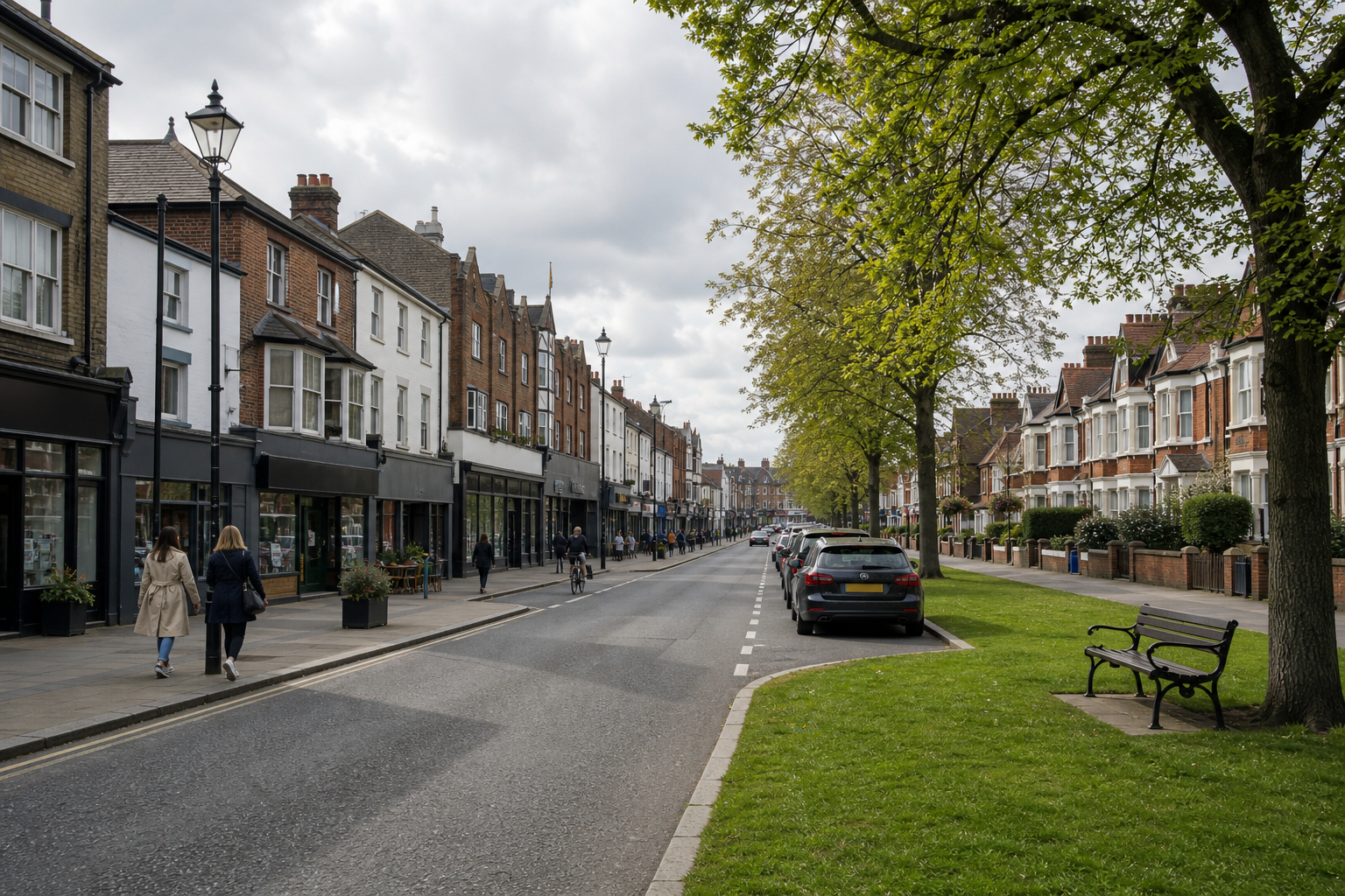 A quiet street lined with shops, parked cars, and trees under a cloudy sky.
