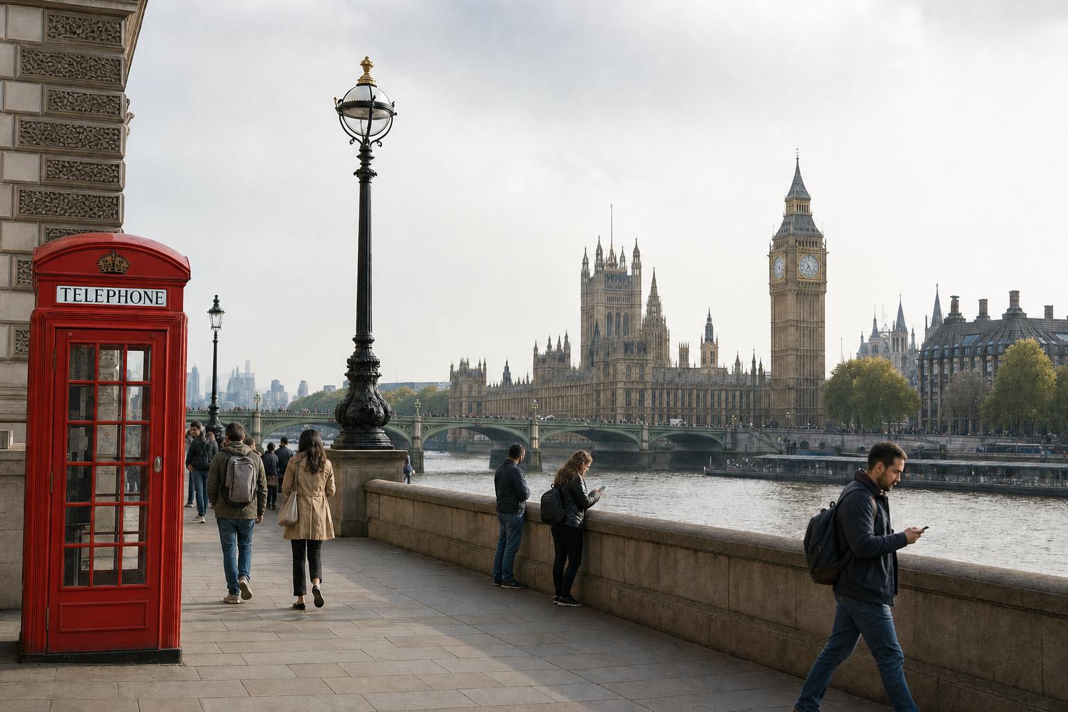 Red telephone box and pedestrians near the River Thames with Big Ben and the Houses of Parliament in the background.