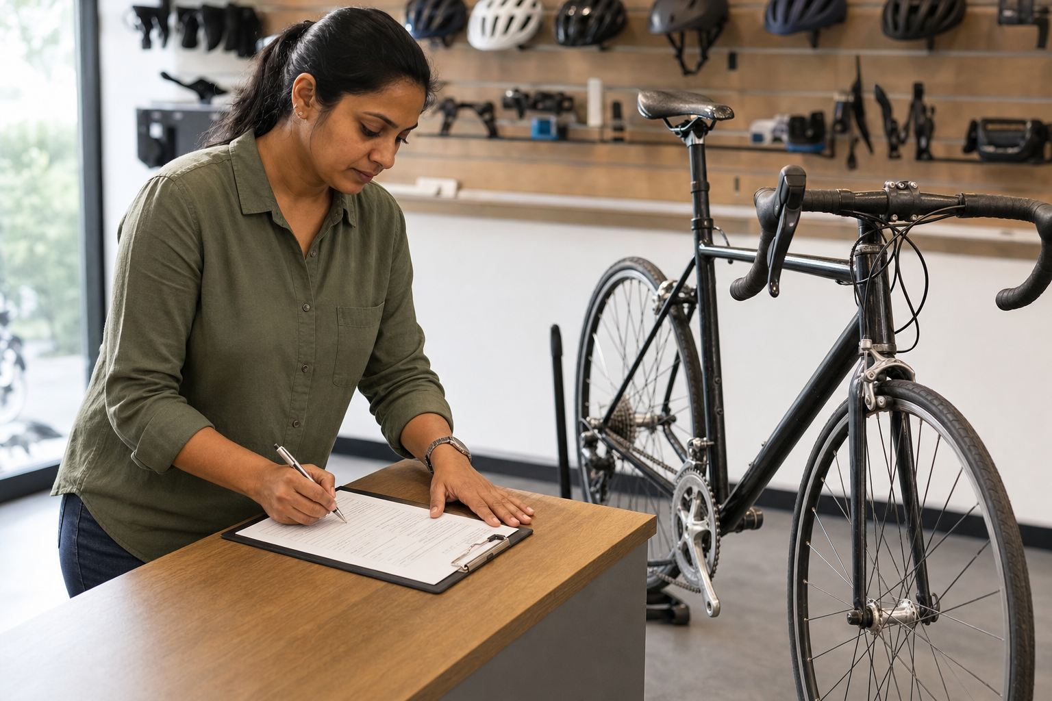 A woman in a green shirt fills out a form on a clipboard in a bicycle shop.