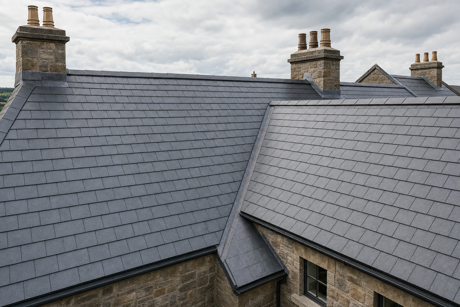 Slate-tiled roof with multiple chimneys on a stone building under a cloudy sky.