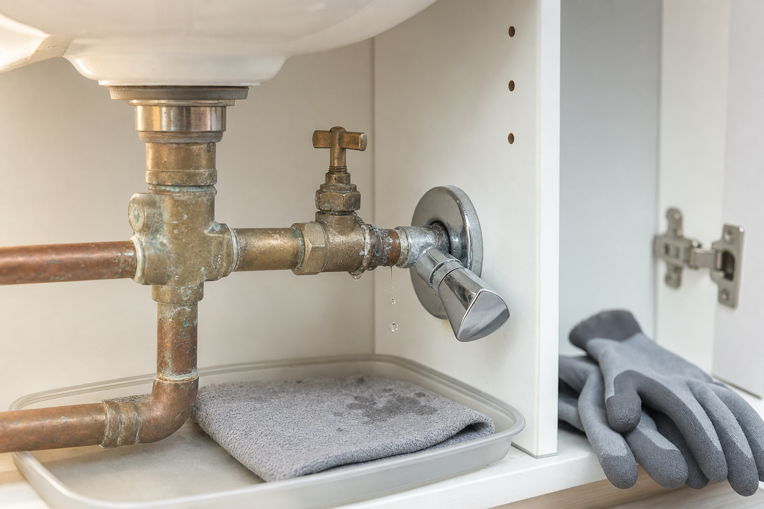 Leaking pipe under a sink with water droplets falling onto a grey cloth in a tray next to a pair of gloves.