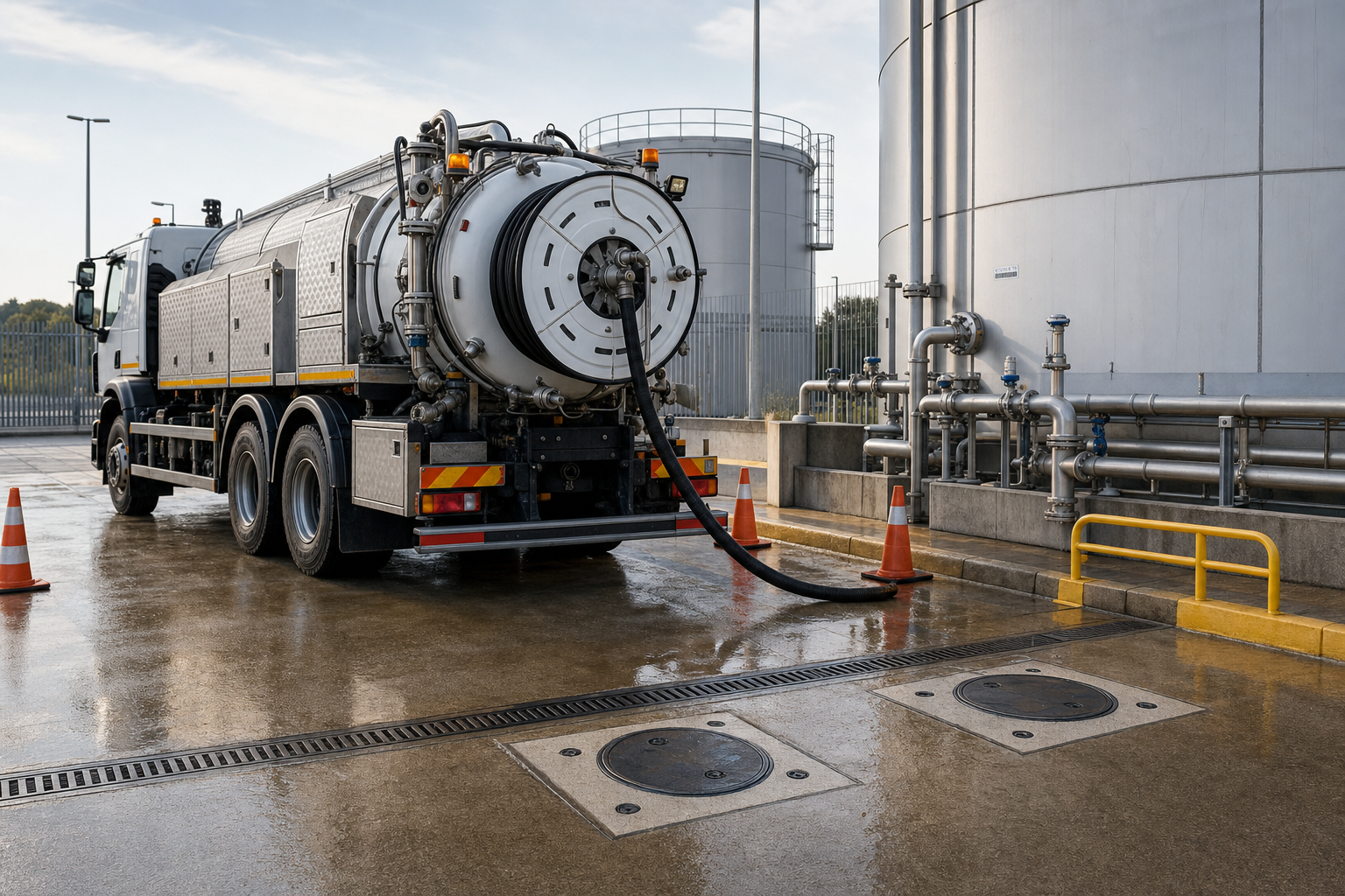 A large tanker truck with hoses is connected to industrial storage tanks on a wet concrete surface.