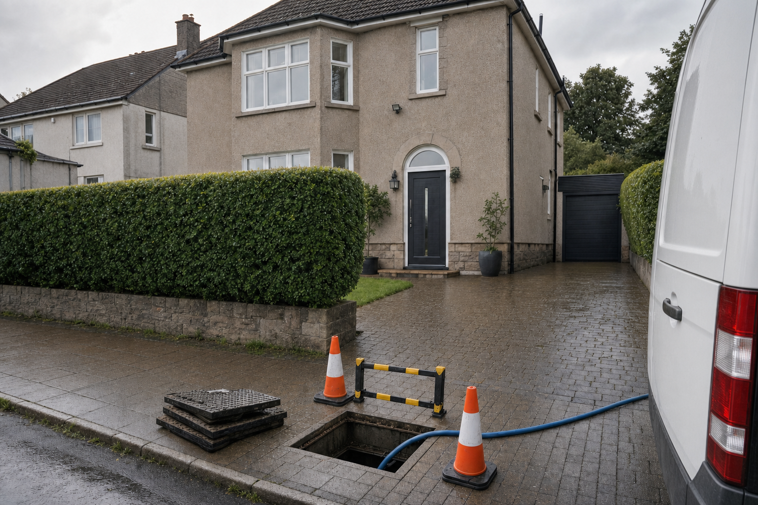 A suburban house with roadworks in front, featuring an open maintenance hole, safety cones, and a hose connected to a van.