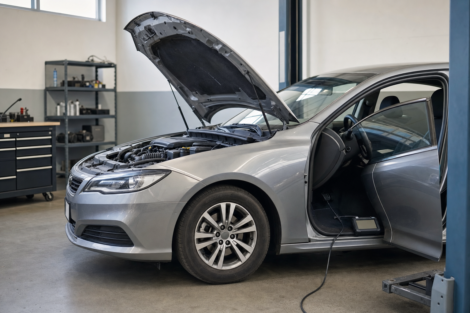A silver car in a garage with its bonnet open and a diagnostic tool connected inside.