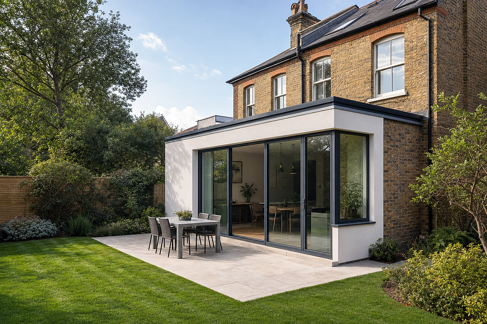A modern house extension with large sliding glass doors opens onto a patio with a dining table, surrounded by a garden.