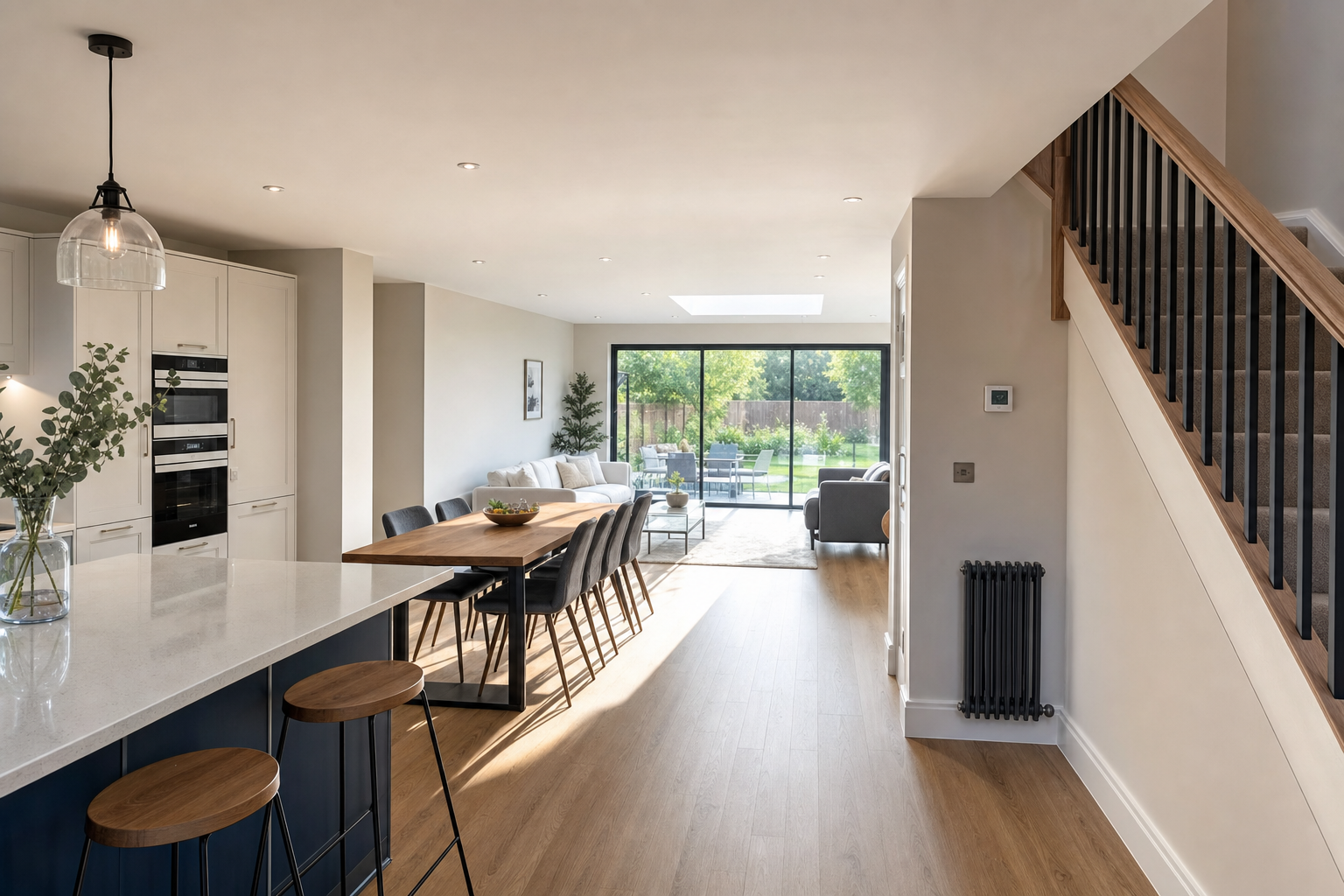 Modern open-plan kitchen and living area with large glass doors leading to a garden.