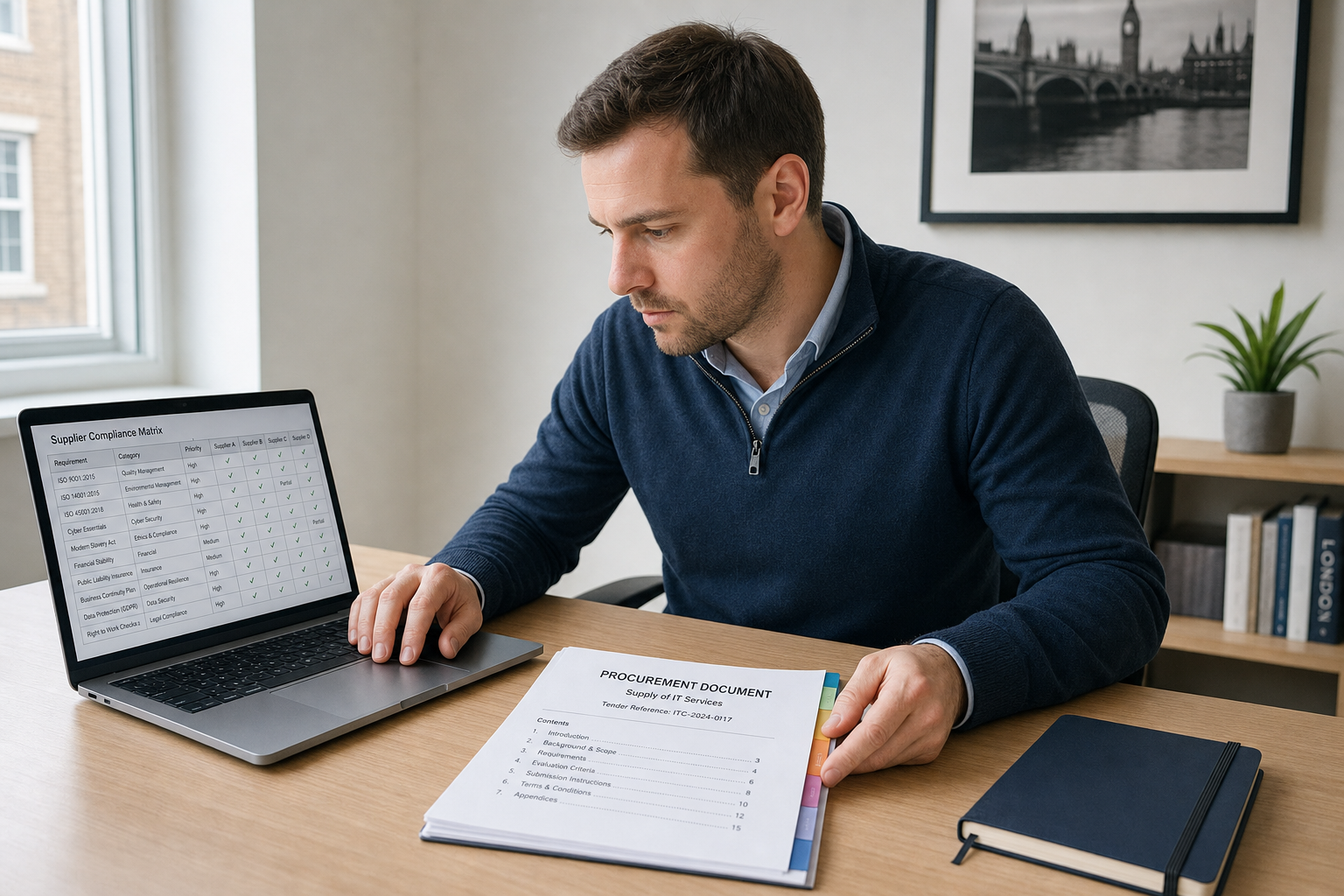 Man reviewing a procurement document and supplier compliance matrix on a laptop in an office.