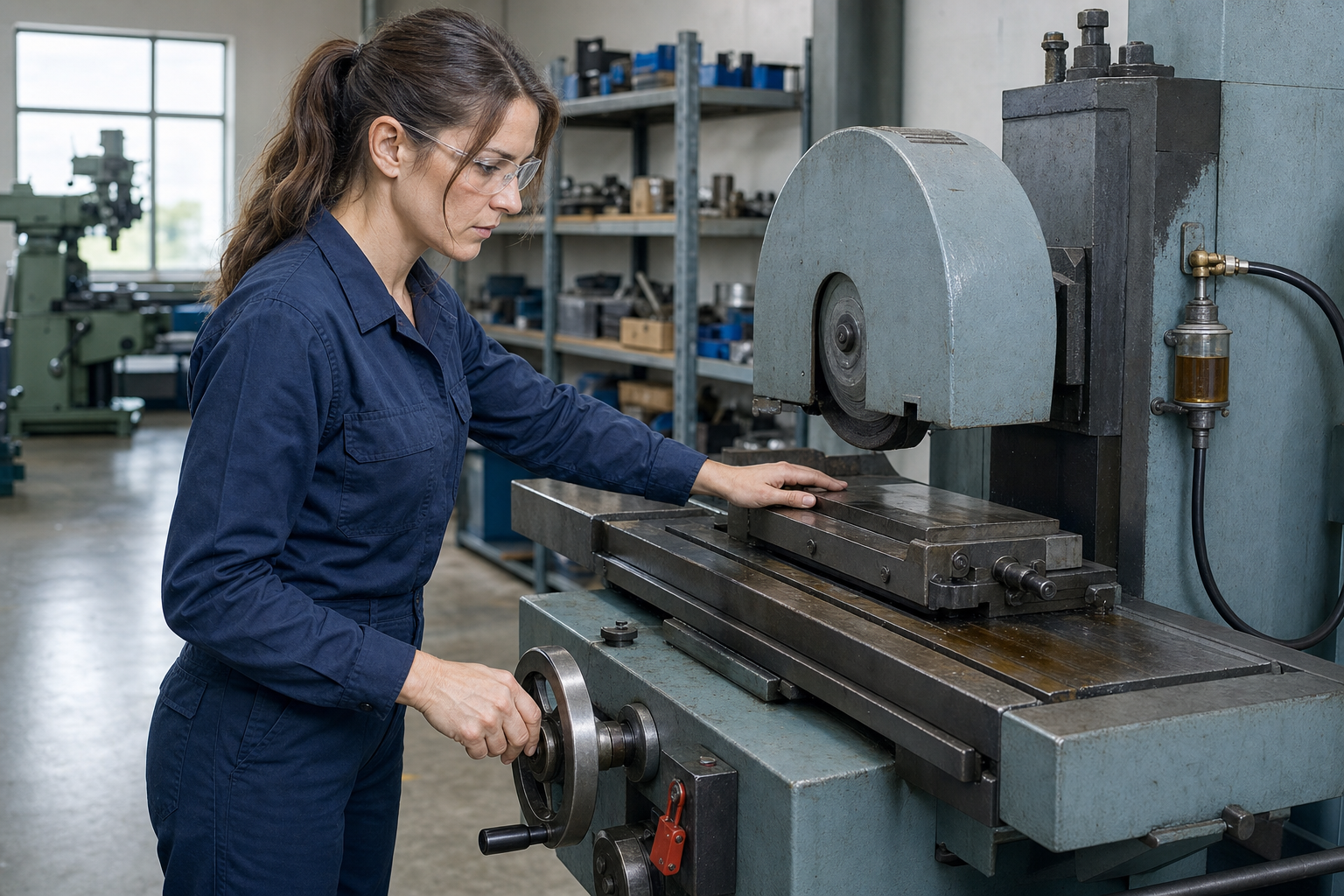 Engineer operating an industrial machine in a workshop, wearing safety glasses and overalls.