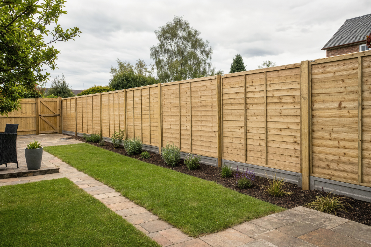 A neat garden with a wooden fence, patio, and neatly trimmed lawn surrounded by shrubs.