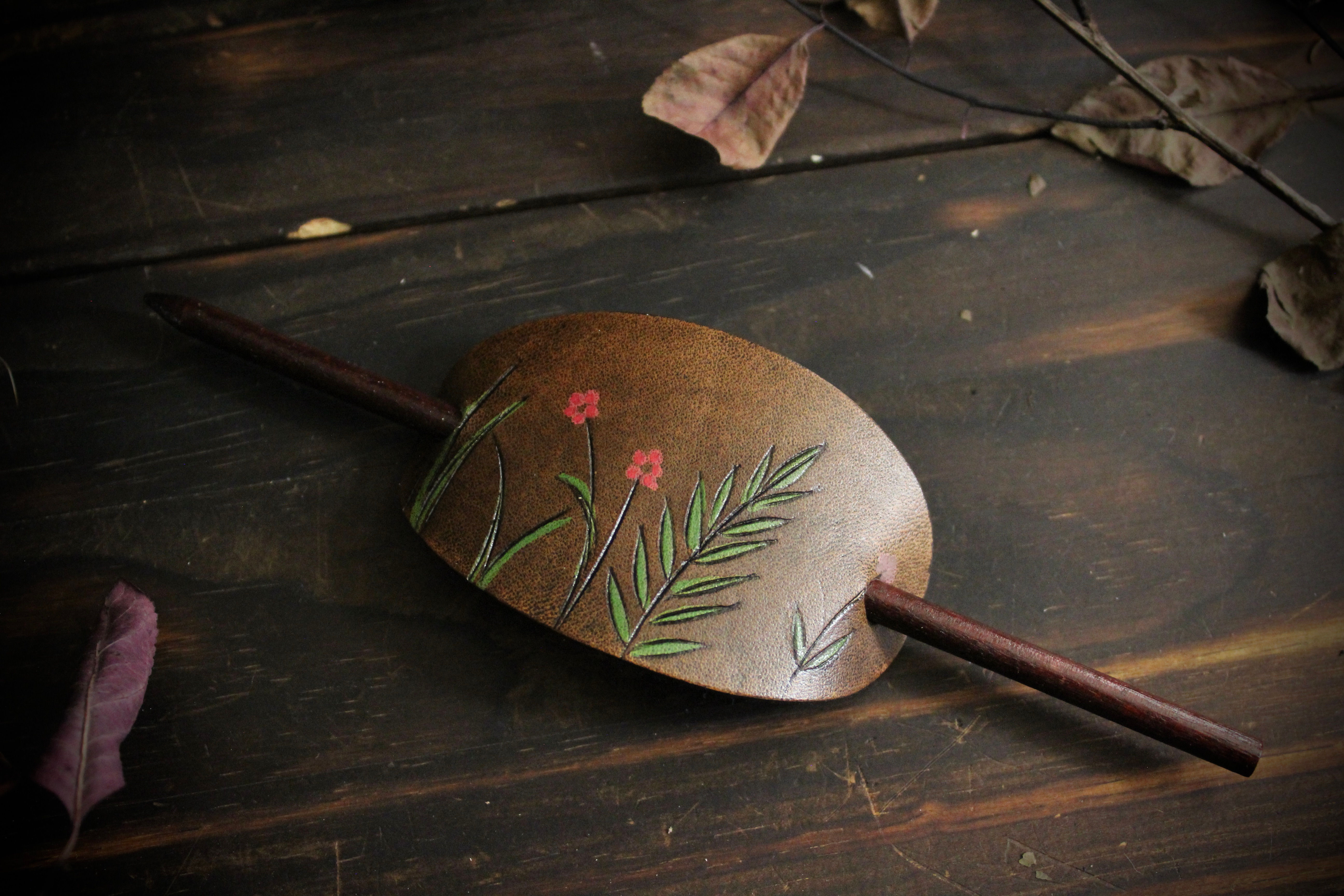 Leather Hair Barrette with Wooden Spike – Pink Flower Design