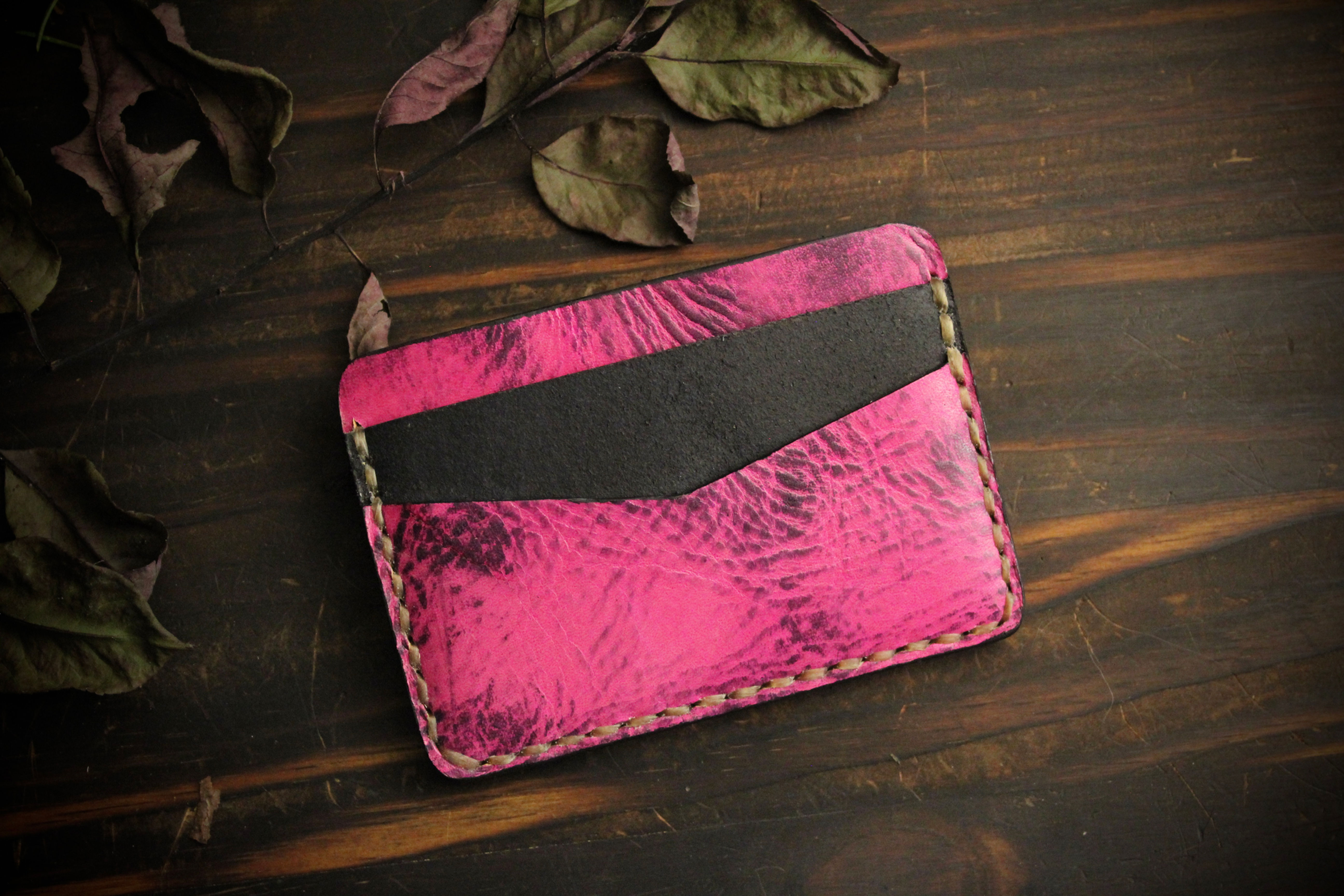 Handmade Leather Wallet | Slim Card Holder | Minimalist Hot Pink Wallet