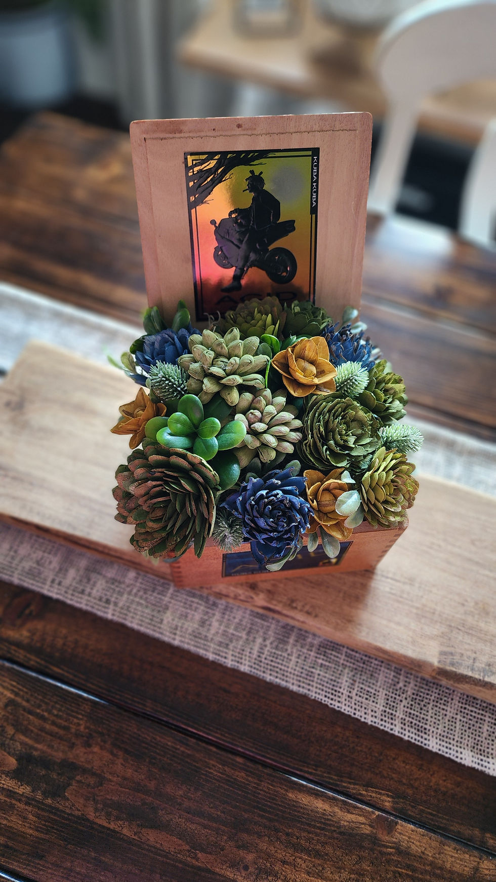 Thumbnail: Cigar Box Sola Wood Flower Arrangement Top View