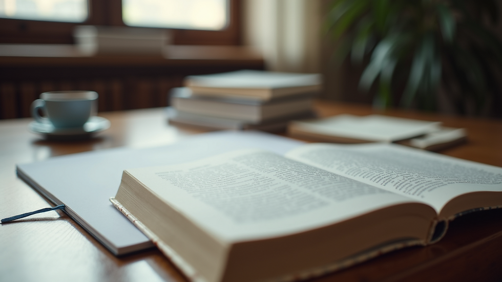 Close-up view of a desk with books and translation materials
