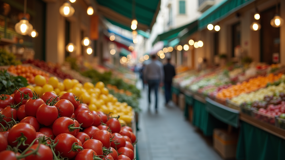 Eye-level view of a bustling Mediterranean market filled with fresh produce