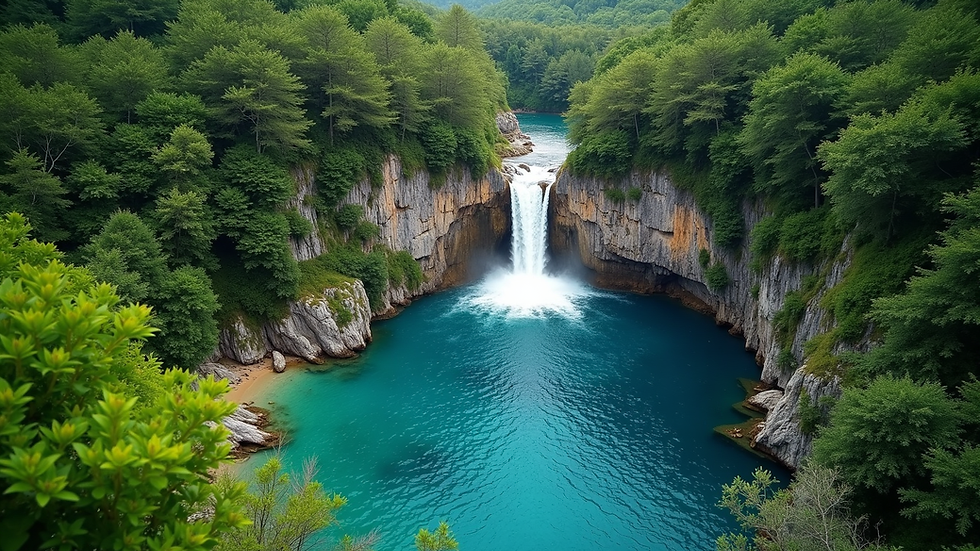 High angle view of Nidri waterfalls surrounded by green forest