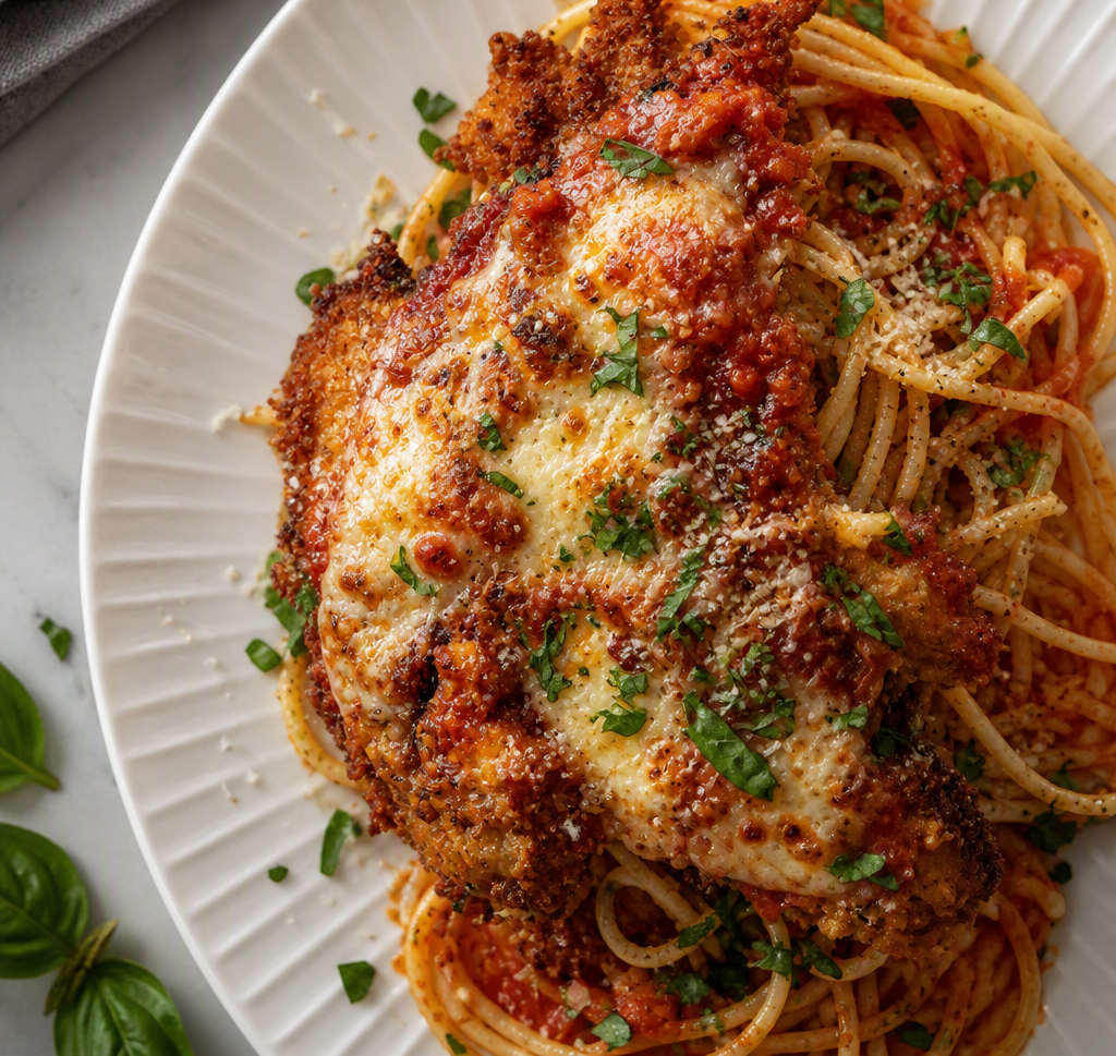 Overhead view of crispy Chicken Parmesan with melted mozzarella on a white plate.