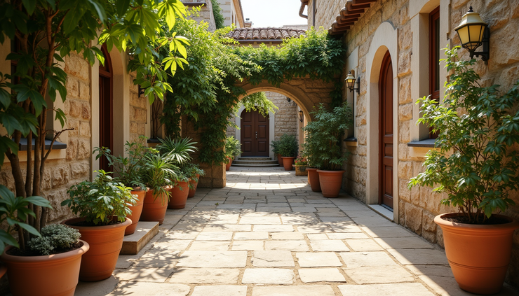 High angle view of a Mediterranean-style patio with terracotta pots and climbing plants