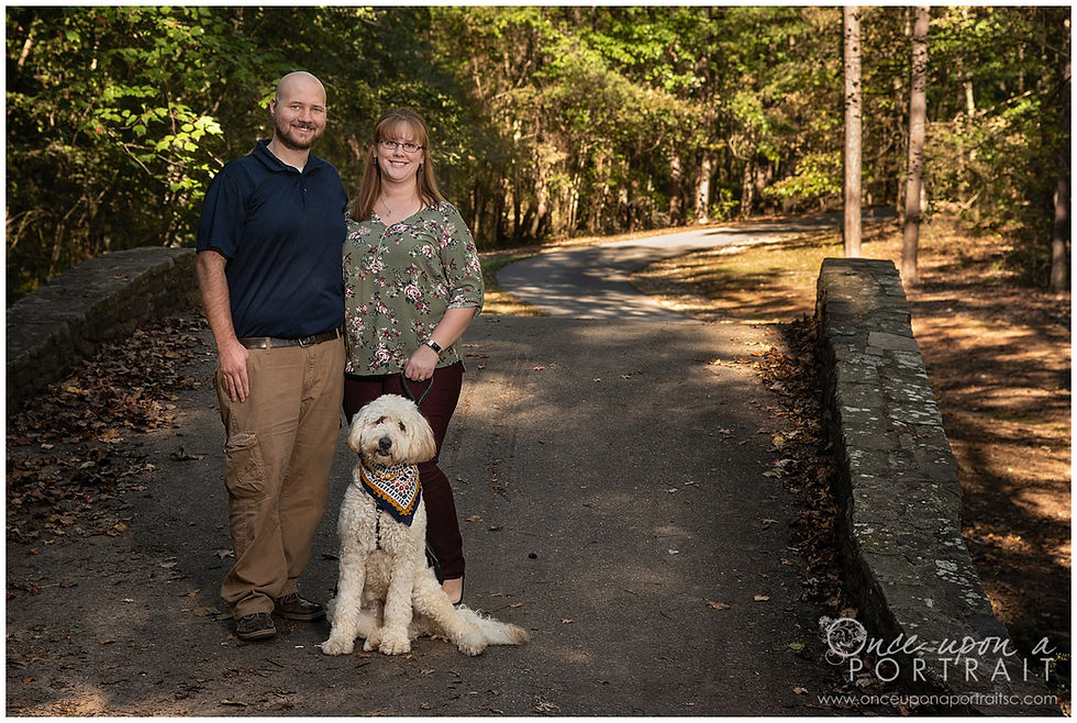 Furman University family photos dog pet fall bridge