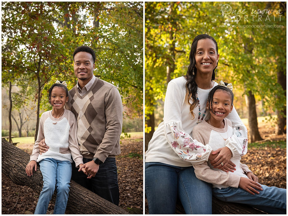 Furman University family portraits outdoors fall autumn leaves mom dad daughter